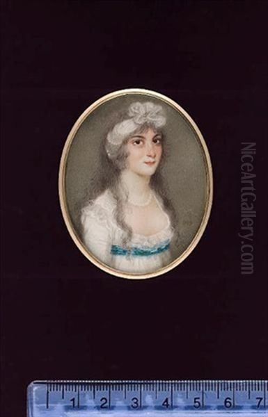 A Lady, Wearing White Dress With Frilled Collar And Blue Ribbon Waistband, Pearl Necklace (+ A Gentleman, Wearing Blue Coat And Frilled White Chemise, His Powdered Hair Worn En Queue, Verso) Oil Painting by Samuel Andrews