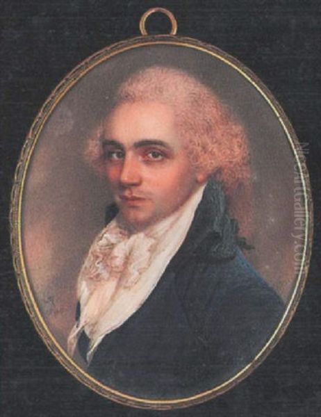 A Gentleman Wearing Blue Coat With Black Collar, White Waistcoat And Tied Frilled Cravat, His Powdered Hair Worn En Queue Oil Painting by Samuel Andrews