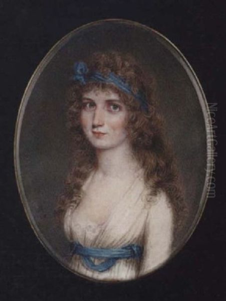 A Young Lady With Blue Bandeau In Her Long Hair, Wearing Decollete White Dress With Lace Underslip And Blue Ribbon Waistband Oil Painting by Samuel Andrews