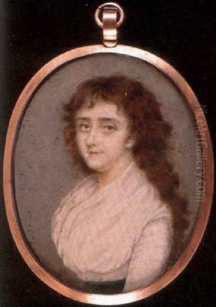 A Lady In White Dress With Fichu And Green Belt, Her Dark Auburn Hair Worn Loose And Curled by Samuel Andrews