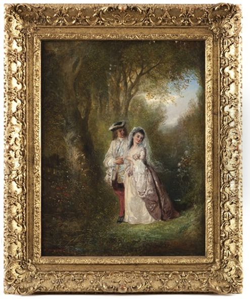 Courting Couple In A Wooded Landscape Oil Painting by Henry Andrews