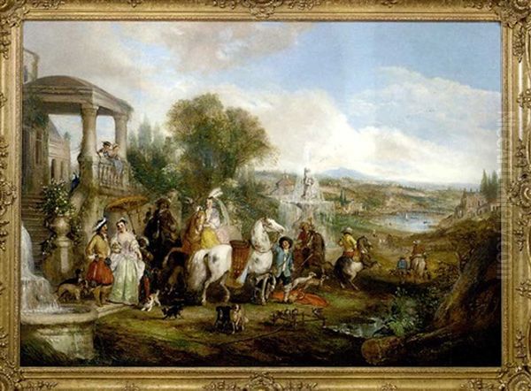 An Elegant Hunting Party Before A Villa, An Extensive Landscape Beyond Oil Painting by Henry Andrews