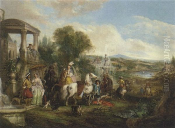 An Elegant Hunting Party Before A Villa, An Extensive Landscape Beyond Oil Painting by Henry Andrews