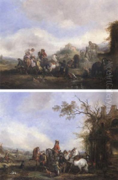 Landscape With Cavaliers Oil Painting by Henry Andrews