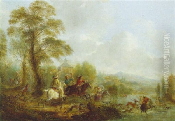 Stag Hunting In An Extensive River Landscape Oil Painting by Henry Andrews