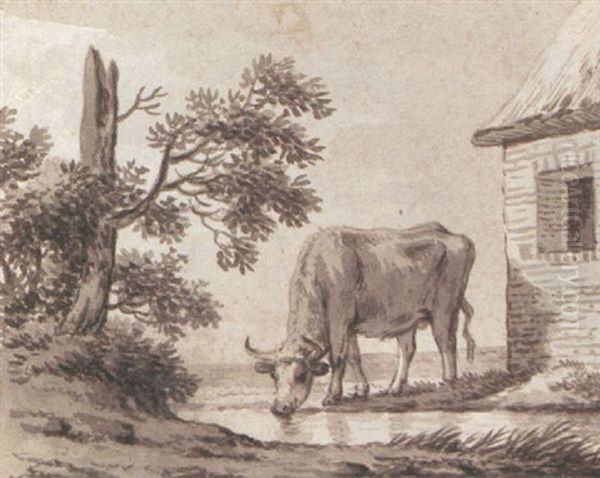 A Cow Drinking From A Stream Oil Painting by Anthony Andriessen