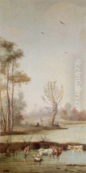 Dutch Farmer With Livestock Along The Waterways Oil Painting by Anthony Andriessen