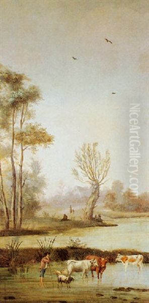 Dutch Farmer With Livestock Along The Waterways Oil Painting by Anthony Andriessen