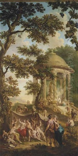 A Bacchanal In A Wooded Landscape, A Temple With An Offer To Bacchus Beyond, In A Trompe L'oeil Frame Oil Painting by Jurriaan Andriessen