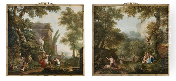 Female Figures And Children Frolicking And Resting By Antique Ruins In A Forest; Nymphs Resting Beside Water In A Lush Forest, A Stag In The Distance (pair) Oil Painting by Jurriaan Andriessen