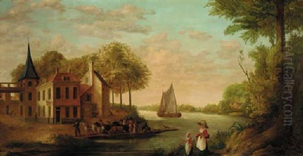 Peasants And Horses Disembarking From A Ferry Near The Star Inn Oil Painting by Jurriaan Andriessen