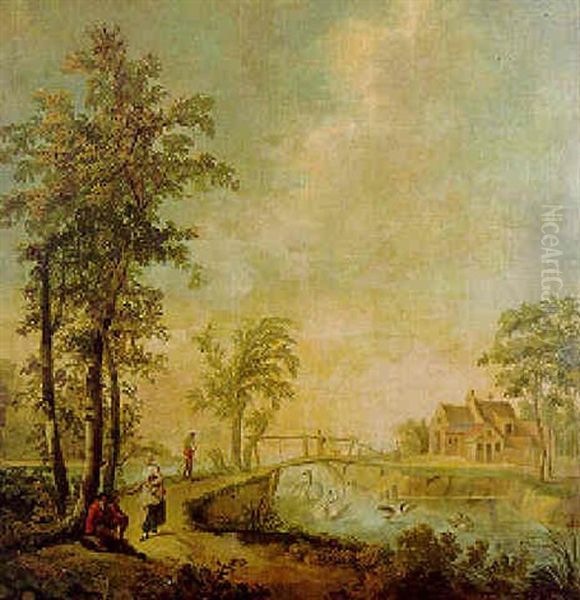 Travellers Resting On The Verge Of A Sandy Road By A Lake, A Farm Beyond Oil Painting by Jurriaan Andriessen