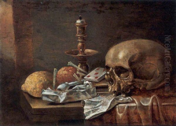 A Vanitas Still Life With A Skull, Playing-cards, A Candlestick, A Music Score, A Lemon And Smoking Utensils Oil Painting by Hendrick Andriesz