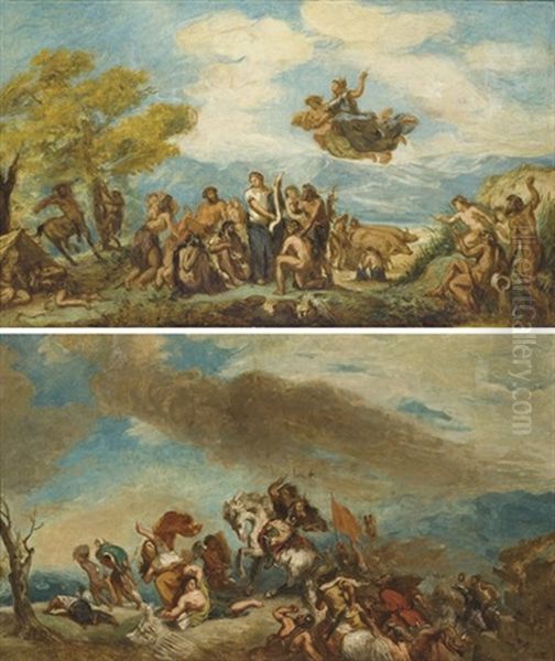 Attila Suivi De Ses Hordes Barbares Foule Au Pied L'italie Et Les Arts (+ Orphee Vient Policer Les Grecs Encore Sauvages Et Leur Enseigner Les Arts De La Paix; Pair) Oil Painting by Pierre Andrieu