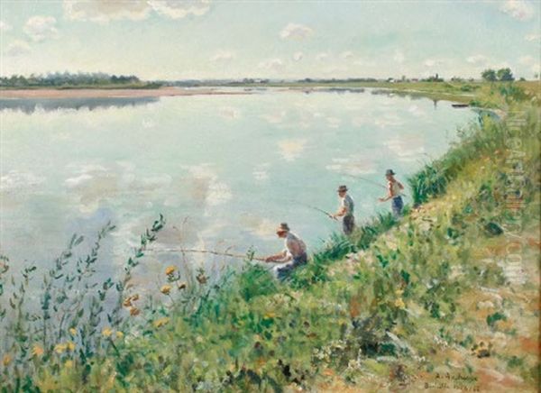 Fisherman By River Oil Painting by Alfred Louis Andrieux