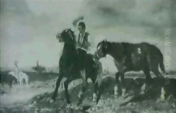 Hardsman On Balking Stallion Oil Painting by Alfred Louis Andrieux