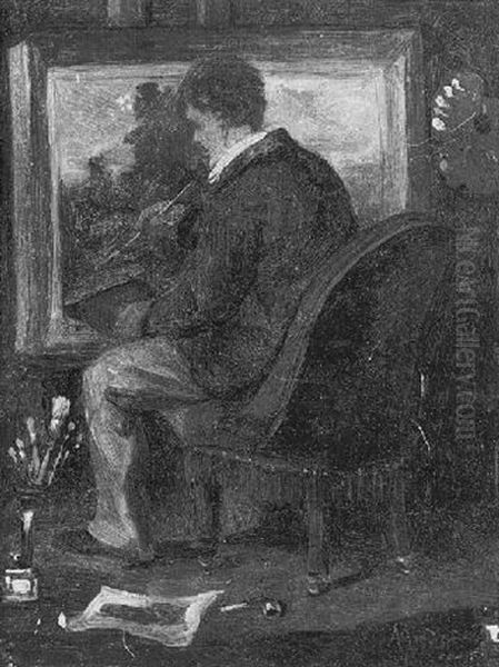 Autoportrait De L'artiste (?) A Son Chevalet Oil Painting by Clement-Auguste Andrieux