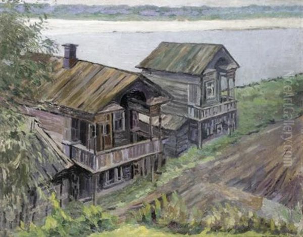 Wooden Houses On The Volga Oil Painting by Anatoliy Fedorovich Andronov