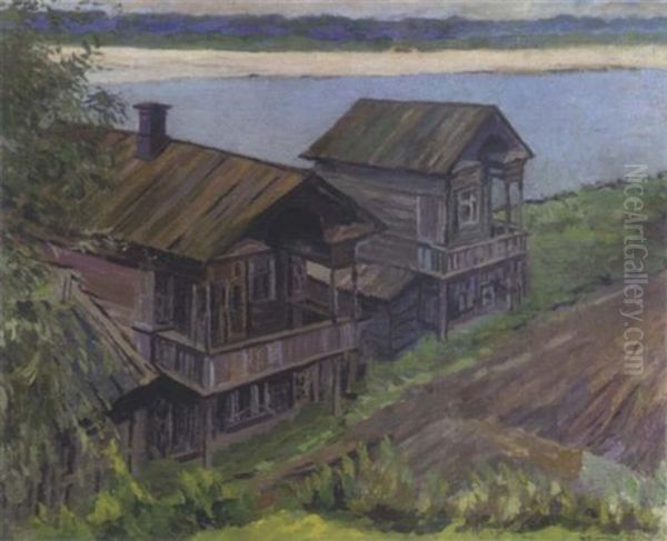 Wooden Houses On The Volga Oil Painting by Anatoliy Fedorovich Andronov