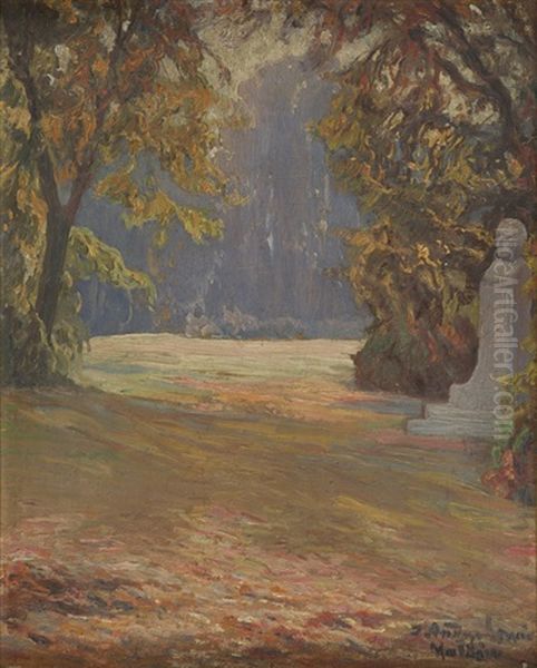 Statue In Park In Malkow Oil Painting by Sigismund Andrychiewicz