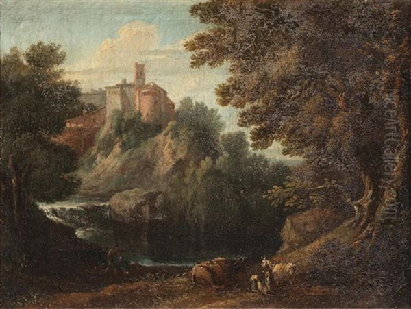 An Italianate Landscape With Figures Fishing Oil Painting by Paolo Anesi