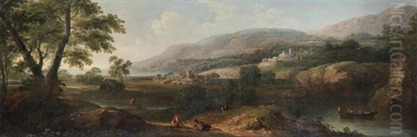 An Extensive Italianate Landscape With Figures Resting By A River by Paolo Anesi