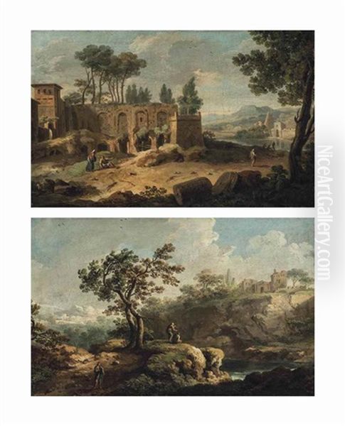 A Classical River Landscape With Travellers And Washerwomen Amongst Ruins; And A Mountainous River Landscape With Travellers Oil Painting by Paolo Anesi