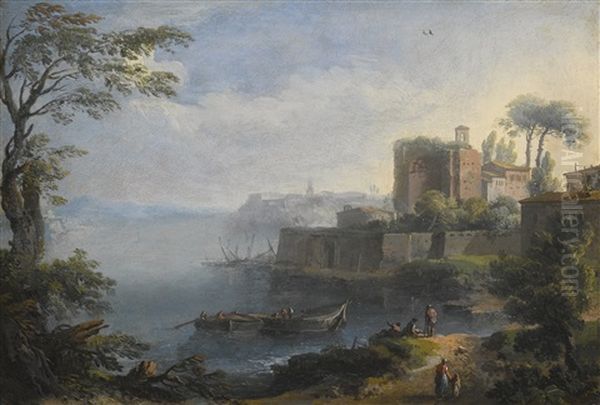 An Italianate Coastal Landscape, With Ruins Above A Fortified Wall, And Figures In Boats And On A Path In The Foreground Oil Painting by Paolo Anesi