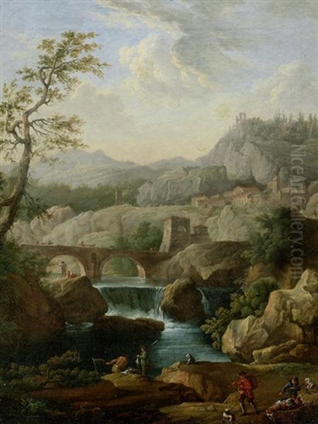 A Mountainous River Landscape Oil Painting by Paolo Anesi