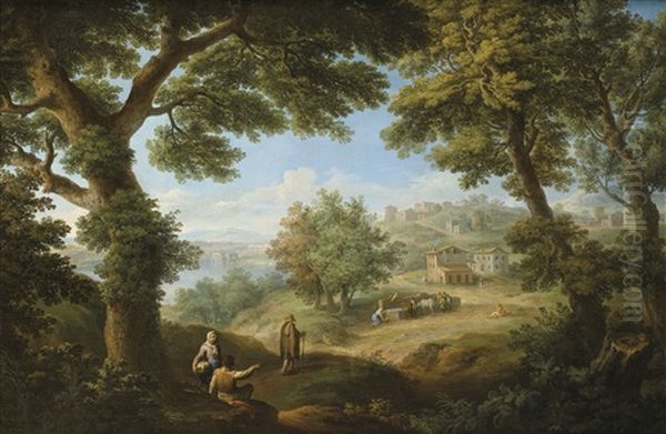 Vue Idylique De La Campagne Italienne Avec Personnages Oil Painting by Paolo Anesi