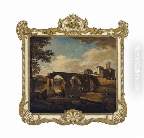 A Ruined Bridge In The Roman Campagna With Figures Along A River With Boaters And Fishermen Oil Painting by Paolo Anesi