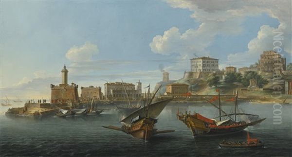 Anzio, A View Of The Port With The Villa Corsini And The Villa Albani Oil Painting by Paolo Anesi