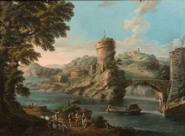 Paysage De La Campagne Romaine Avec Le Mausolee Des Plautii De Tivoli Et Un Fleuve Anime De Bergers Oil Painting by Paolo Anesi