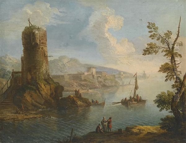 Harbour Scene With A Ruined Watch Tower And Groups Of Figures Standing On The Rocky Shore Oil Painting by Paolo Anesi