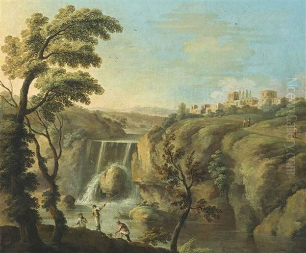 An Extensive Landscape With Fishermen Before A Waterfall, A Town Beyond Oil Painting by Paolo Anesi