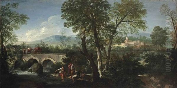 A River Landscape With A Bridge Oil Painting by Paolo Anesi