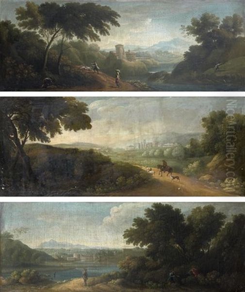 Paysage Anime De Bergers, Cavalier Dans Un Paysage Et Paysans Dans Un Paysage De Riviere  (3 Works) Oil Painting by Paolo Anesi