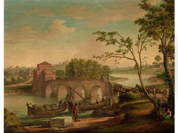 Flusslandschaft Mit Bogenbrucke Und Am Ufer Anliegenden Kahnen Oil Painting by Paolo Anesi