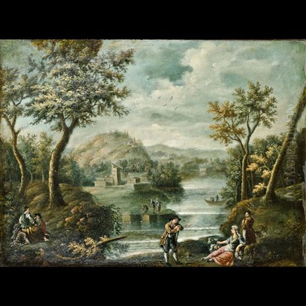 Paesaggio Fluviale Con Viandanti In Riposo Oil Painting by Paolo Anesi