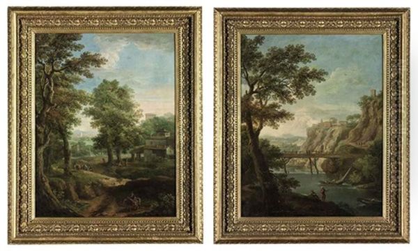 A Wooded Landscape With A Muleteer And A Cattle Drover (+ A River Landscape With Shepherds On The Riverbank; Pair) Oil Painting by Paolo Anesi