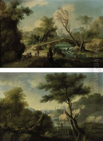 A Wooded River Landscape With Travellers Approaching And An Angler Seated On A Bank (+ A Wooded River Landscape With A Drover And His Herd At Rest; Pair) Oil Painting by Paolo Anesi