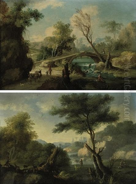 A Wooded River Landscape With Travelers Approaching A Bridge (+ A Wooded River Landscape With A Drover And His Herd; Pair) Oil Painting by Paolo Anesi