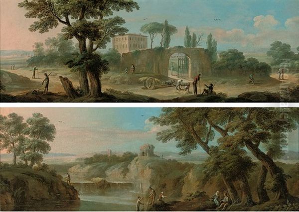 An Extensive Landscape With A Hunter, Drovers And Other Figures On A Track (+ A River Landscape With Anglers On A Bank; Pair) Oil Painting by Paolo Anesi