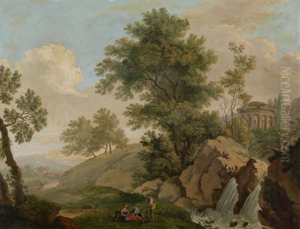 Landschaft Bei Tivoli Mit Den Den Wasserfallen Und Dem Vestatempel, Im Vordergrund Rastende Personen Oil Painting by Paolo Anesi