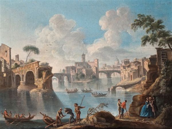 Blick Auf Den Tiber In Rom Mit Der Isola Tiberina Und Dem Ponte Quattro Capi (+ Blick Auf Den Tiber In Rom Mit Der Isola Tiberina Und Dem Ponte Rotto; 2 Works) Oil Painting by Paolo Anesi