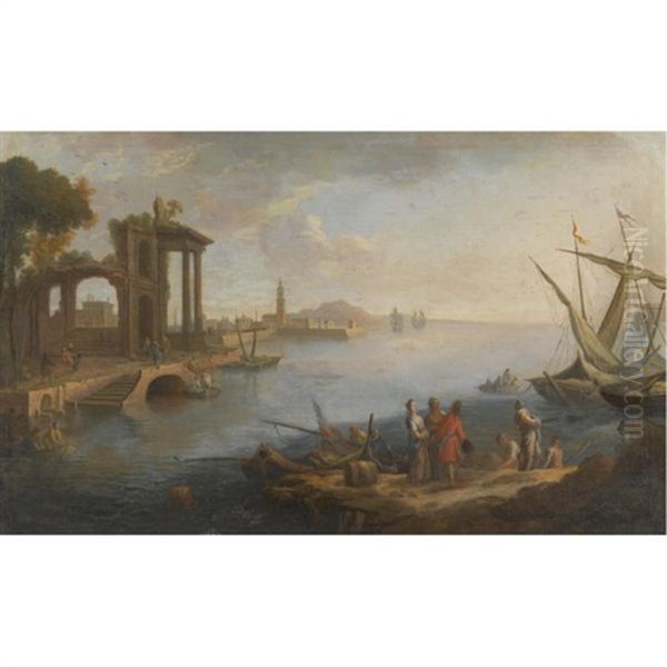 A Coastal Landscape With Figures Conversing In The Foreground Beside Boats, Classical Ruins Beyond To The Left (+ A Coastal Landscape With Herders Resting On A Path With Their Flock And Men Loading Boats, A Fortified Mansion Beyond, Smllr; Pair) Oil Painting by Paolo Anesi