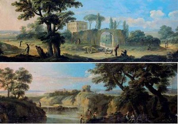 Pecheurs Devant Une Cascade (+ Paysans Devant L'entree D'un Chateau; Pair) Oil Painting by Paolo Anesi