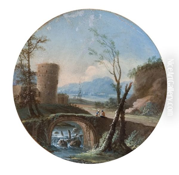 Paesaggio Fluviale Con Viandanti In Sosta Presso Un Ponte Di Pietra (+ Paesaggio Con Astanti E Fortificazione In Lontananza; 2 Works) Oil Painting by Paolo Anesi