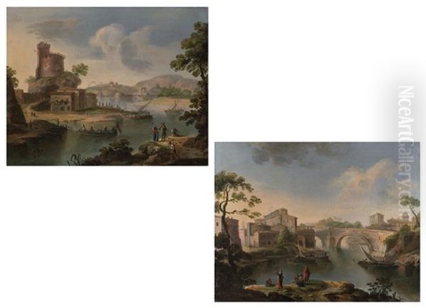 Flusslandschaften Mit Figurenstaffage (+ Flusslandschaften Mit Fischern; Pair) Oil Painting by Paolo Anesi