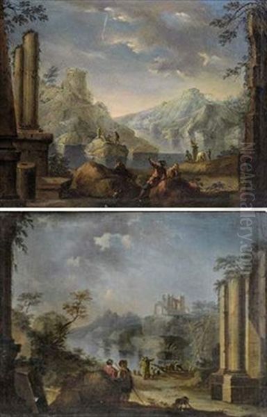 Paysage Aux Pecheurs Pres De La Riviere (+ Another; Pair) Oil Painting by Paolo Anesi